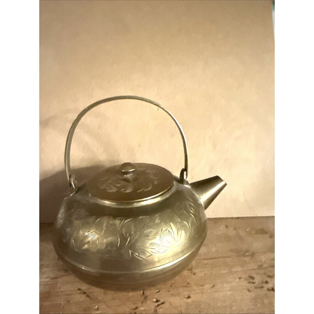 Vintage Small Etched Brass Teapot India 3" Brass Floral Decor Bronze Handle - Picture 2 of 11